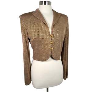 Vintage Platinum by Dorothy Schoelen Crop Blazer Jacket Metallic Gold Dot Brown